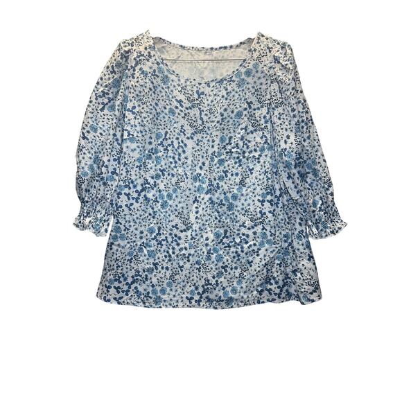 SHEIN Curve Plus Size 1X Blue Floral Print Ruffle Sleeve Boho Chic Blouse Top - Picture 1 of 4